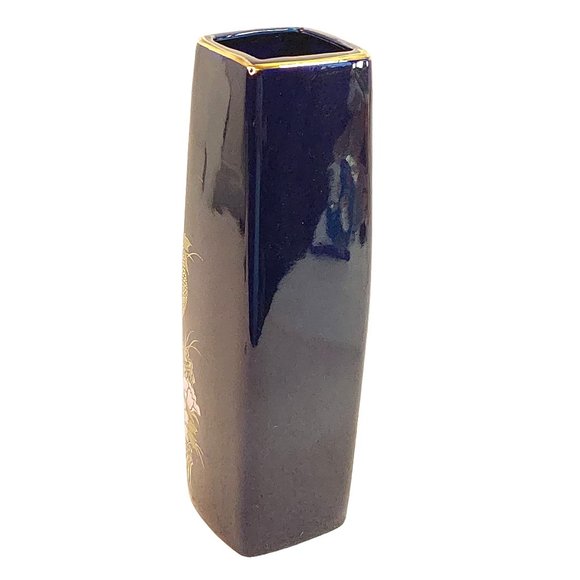 Asian Style Vase Peacock Pink Peonies Cobalt Blue Bright Gold Gilding Vintage 9" - Picture 7 of 11